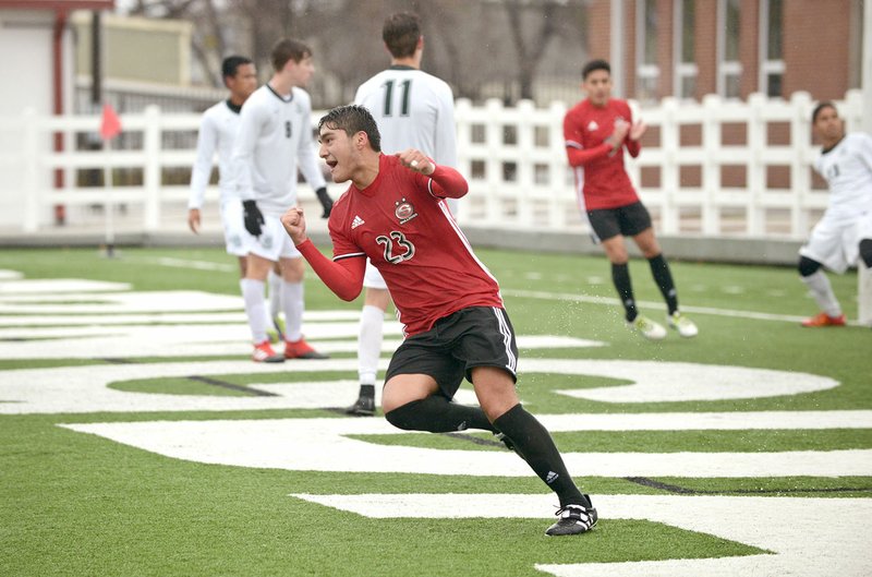 NWA Democrat-Gazette/BEN GOFF @NWABENGOFF Luis Garcia (23) of Springdale High celebrates Saturday after scoring a goal against Edmond (Okla.) Santa Fe during the Northwest Arkansas Showcase at Jarrell Williams Bulldog Stadium in Springdale.