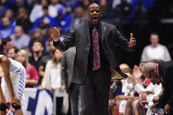 Arkansas coach Mike Anderson motions during an SEC Tournament game against Kentucky on Sunday, March 12, 2017, in Nashville, Tenn. 