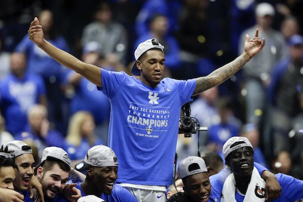 Kentucky guard Malik Monk celebrates after Kentucky beat Arkansas in an NCAA college basketball game for the championship of the Southeastern Conference tournament Sunday, March 12, 2017, in Nashville, Tenn. Kentucky won 82-65. (AP Photo/Wade Payne)