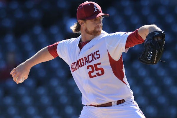 Arkansas starter Dominic Taccolini delivers a pitch against Louisiana-Monroe Tuesday, March 7, 2017, during the first inning at Baum Stadium.