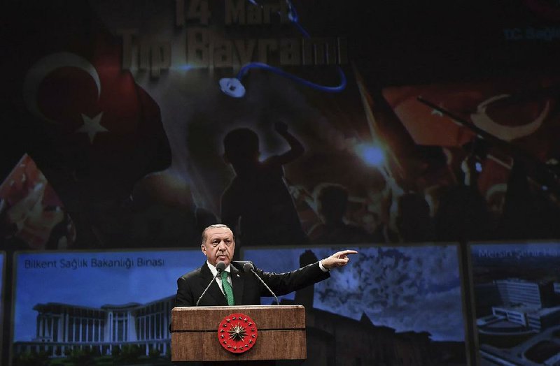 Turkish President Recep Tayyip Erdogan, in an address to health-sector workers Tuesday at his palace in Ankara, referred to Germany and the Netherlands as “bandit states” that harm the European Union.