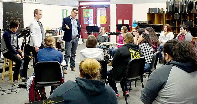 Photo by Randy Moll A part of the Hughes family of the Hughes Brothers, of Branson, Mo., spoke to students about careers in music, explaining how the Hughes Brothers started and grew, involving the entire family in their musical shows.