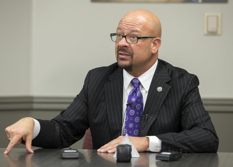 NWA Democrat-Gazette/JASON IVESTER Matthew Wendt, Fayetteville Public Schools superintendent, speaks Tuesday at the administration building on an update on a Vandergriff Elementary School student's drowning last week.