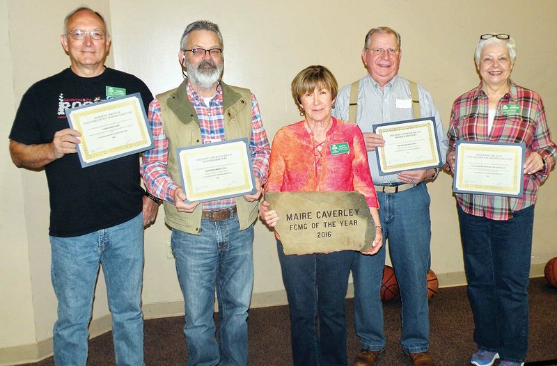 Recipients of the 2016 Faulkner County Master Gardeners awards are, from left, James Howard, Rookie of the Year; Mike Knight, accepting the award for the Rogers Group Inc. as Business Friend of Master Gardeners; Maire Caverley, Master Gardener of the Year; Archie Musselman, Individual Friend of Master Gardeners; and Mary Johnson, Project of the Year. Boy Scouts of America Troop 534 received the Nonprofit Friend of Master Gardeners award, but no one was present to accept it.