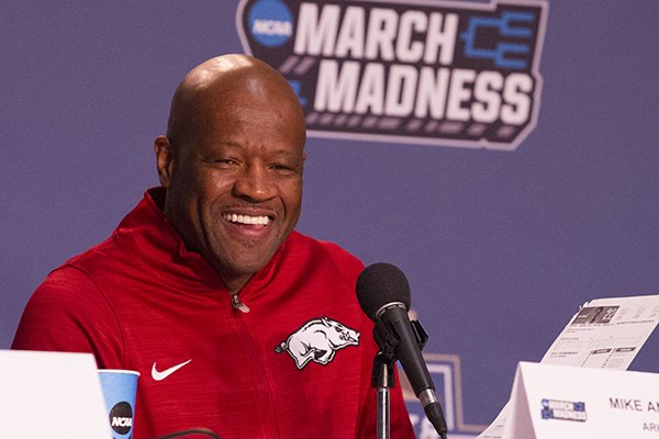 Arkansas coach Mike Anderson speaks to reporters during a news conference Thursday, March 16, 2017, at Bon Secours Wellness Arena in Greenville, S.C. 