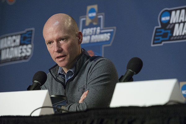 Seton Hall coach Kevin Willard answers questions during a news conference Thursday, March 16, 2017, at Bon Secours Wellness Arena in Greenville, S.C. Arkansas will play Seton Hall in a first-round NCAA Tournament game at 12:30 p.m., Friday.