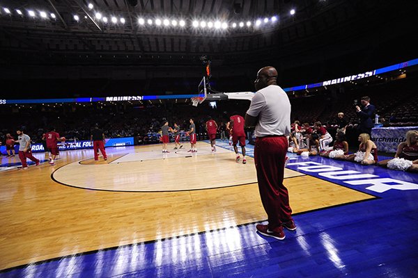 Arkansas coach Mike Anderson watches practice Thursday, March 16, 2017, at Bon Secours Wellness Arena in Greenville, S.C. The Razorbacks will play Seton Hall in a first-round NCAA Tournament game at 12:30 p.m., Friday.