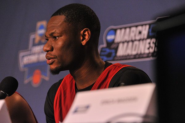 Arkansas center Moses Kingsley answers questions during a news conference Thursday, March 16, 2017, at Bon Secours Wellness Arena in Greenville, S.C. The Razorbacks will play Seton Hall in a first-round NCAA Tournament game at 12:30 p.m., Friday.