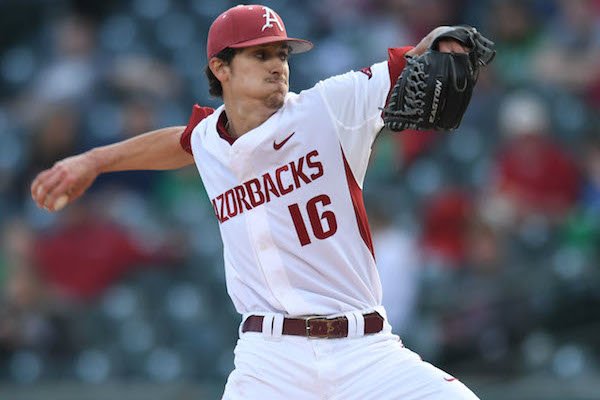 Arkansas starter Blaine Knight delivers to the plate against Mississippi State Friday, March 17, 2017, during the first inning at Baum Stadium in Fayetteville.
