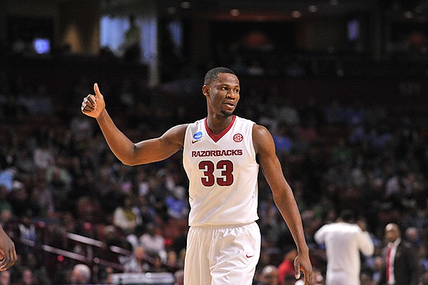 Arkansas center Moses Kingsley reacts during the Razorbacks' 77-71 NCAA Tournament win over Seton Hall on Friday, March 17, 2017, in Greenville, S.C. Arkansas center Moses Kingsley reacts during the Razorbacks' 77-71 NCAA Tournament win over Seton Hall on Friday, March 17, 2017, in Greenville, S.C.