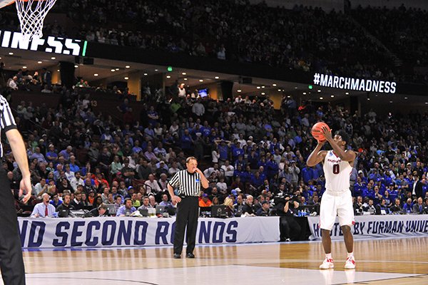 Arkansas guard Jaylen Barford shoots a free throw during the final seconds of the Razorbacks' 77-71 NCAA Tournament win over Seton Hall on Friday, March 17, 2017, in Greenville, S.C.