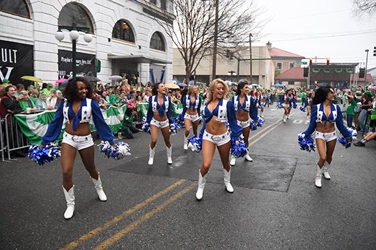 The Sentinel Record/Mara Kuhn PRE-PARADE PERFORMANCE: The Dallas Cowboys Cheerleaders perform on Friday before the start of the First Ever 14th Annual World's Shortest St. Patrick's Day Parade.