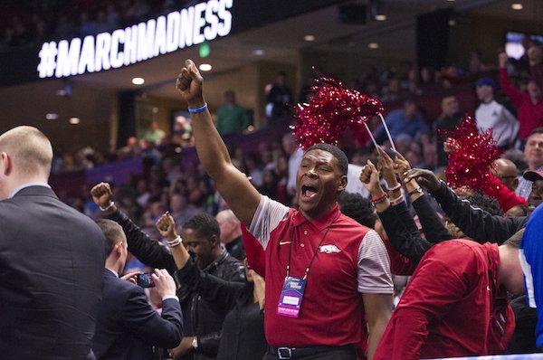 Arkansas fans cheer during the final minutes of the Hog's game against Seton Hall Friday Mar. 17, 2017 in the first round of the NCAA Tournament at the Bon Secours Wellness Arena in Greenville, South Carolina. Arkansas won 77-71 and will advance to the second round, playing Sunday at the same location.