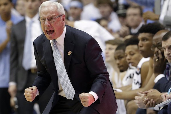 North Carolina coach Roy Williams reacts during the second half of an NCAA college basketball game against Duke in Chapel Hill, N.C. (AP Photo/Gerry Broome, File)