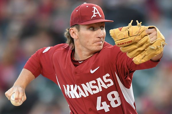 Arkansas pitcher Trevor Stephan works against Mississippi State on Saturday, March 18 at Baum Stadium.