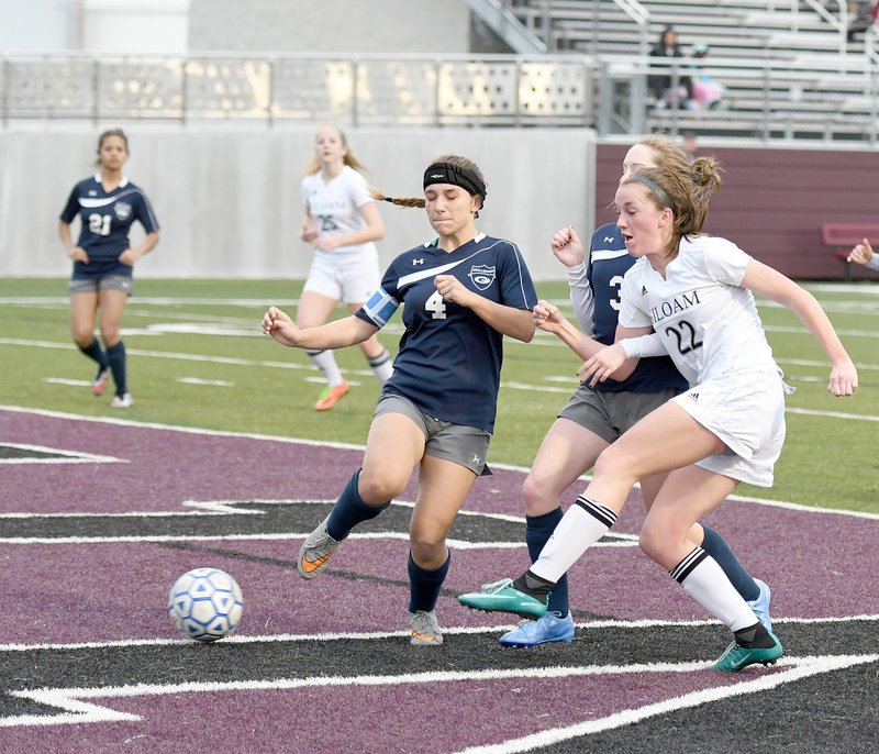 Bud Sullins/Special to Siloam Sunday Siloam Springs junior Audrey Maxwell, No. 22, scored three goals and recorded an assist as Siloam Springs girls soccer team defeated Greenwood 6-0 in a 5A/6A District 1 match on Thursday at Panther Stadium.