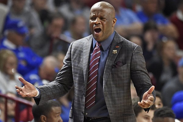 Arkansas head coach Mike Anderson reacts to a call during the first half in a second-round game against North Carolina of the NCAA men's college basketball tournament in Greenville, S.C., Sunday, March 19, 2017. (AP Photo/Rainier Ehrhardt)

