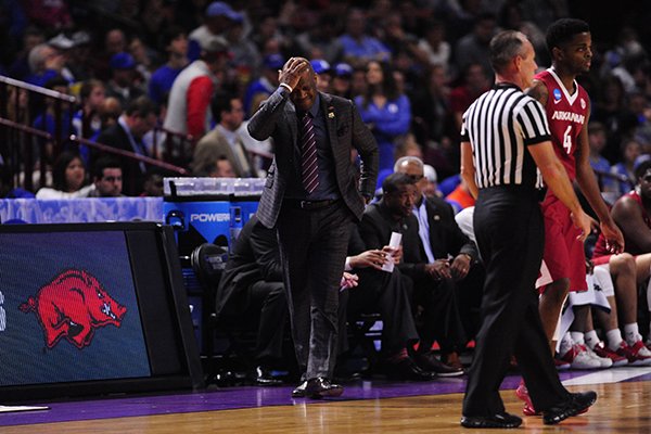 Arkansas coach Mike Anderson reacts to a call during a game against North Carolina on Sunday, March 19, 2017, in Greenville, S.C.