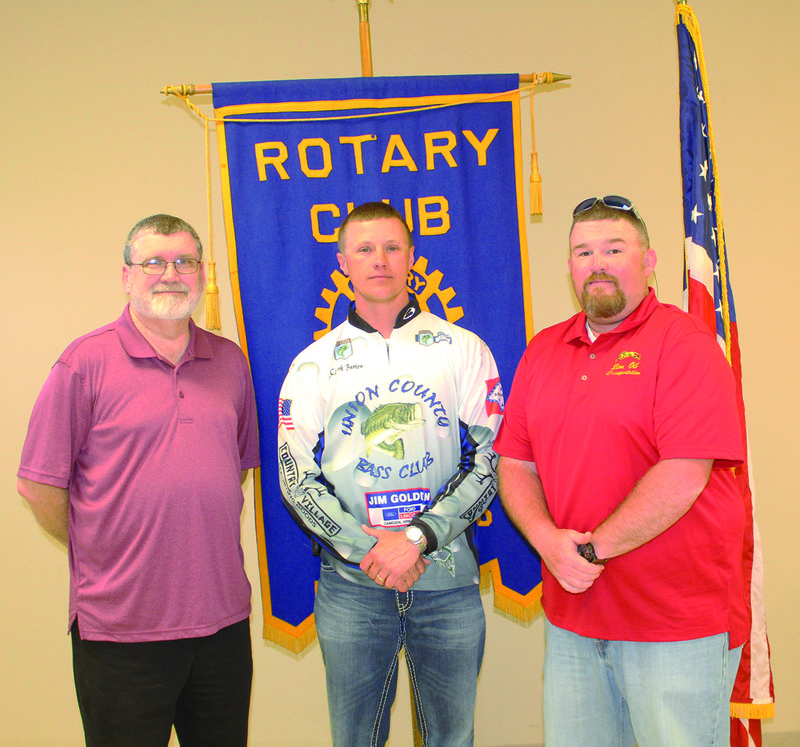 Fishing Anglers: President of the El Dorado Rotary Club, Ron Newberry thanks Clark Burton (center), member of the Union County Bass Club and Stephen Vestal, secretary of the Union County Bass Club, for being guests at this week's Rotary meeting. Burton spoke about the Arkansas B.A.S.S. Nation Tournament that will be coming to El Dorado in October. 
