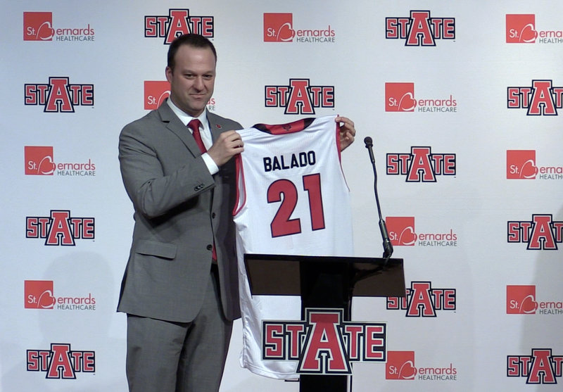 Mike Balado is introduced Monday as the new Arkansas State men's basketball coach.