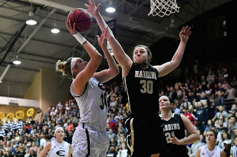 Harding sophomore forward Caroline Hogue (right) has accumulated a number of accolades in her first season with the Lady Bisons, including being named the Central Region Tournament MVP last weekend during the NCAA Division II Tournament, but the former Baptist Prep standout has played with a heavy heart for the majority of 2017 after younger sister Kennedy died on Jan. 1.