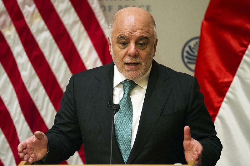 Iraqi Prime Minister Haider al-Abadi speaks Monday at U.S. Institute of Peace in Washington.