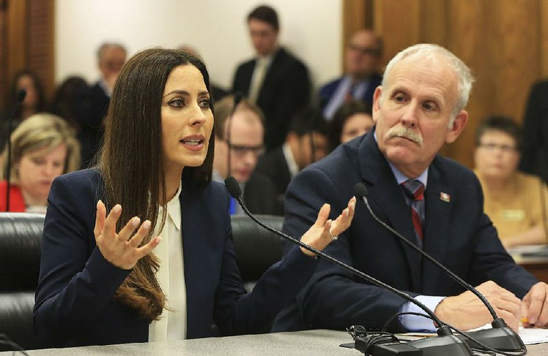 Kerri Kasem (left) testifi es Monday morning in a meeting of the Senate Judiciary Committee about House Bill 1678, sponsored by Rep. Rick Beck (right). The bill would aid family members who are unfairly denied visits with incapacitated relatives. Kasem is the daughter of the late radio personality Casey Kasem.