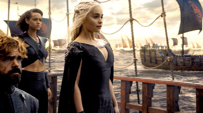 Game of Thrones left off with (from left) Tyrion, Missandei and Daenerys (Peter Dinklage, Nathalie Emmanuel, Emilia Clarke) sailing toward the showdown in Westeros. The series returns to HBO this summer.