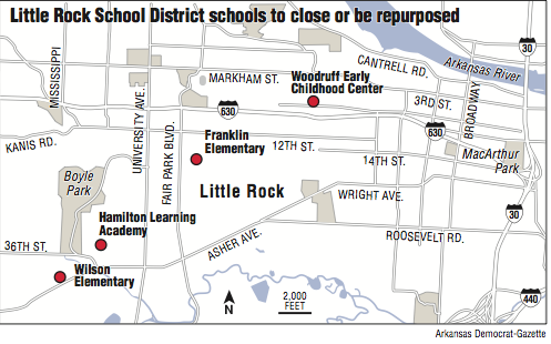 A map showing the Little Rock School District schools to close or be repurposed