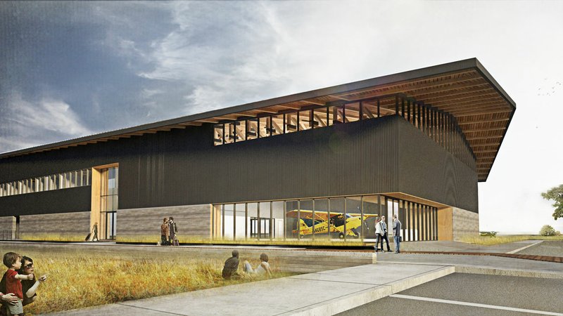 This artist’s conception shows Bentonville airport’s new flight center. The two-story building will house Summit Aviation, the airport’s fixed-based operator, a restaurant, exhibit hangar, meeting rooms and a retail space. The center will be built on the airport’s northwest corner, just south of Lake Bentonville.