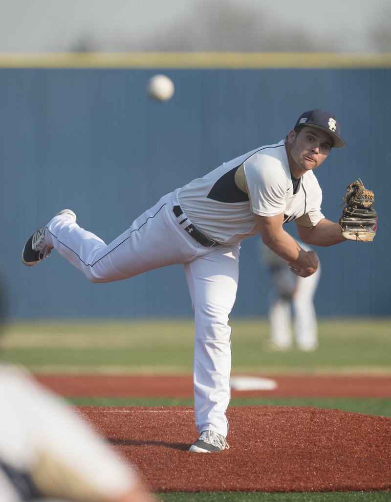 Landon Brown of Shiloh Christian pitches against McDonald County, Mo., Monday at Shiloh Christian in Springdale.