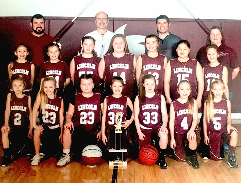 Submitted photo The Lincoln pee wee third and fourth grade girls basketball team went 11-0 this season and were tournament champions. Front row (from left): Kayden Loftin, Macy Guist, Morgan Rice, Layni Birkes, Paige Beeks, Kassidy Cuzick and Lauren Remington. Back row: Hannah Remington, Oakleigh Gifford, Braelyn Key, Brooklyn Chapman, Brinkley Moreton, Juliet Martinez and Addie Pershall. Not pictured, Makayla Quinn. Coaches: Bud Remington, Deon Birkes, Dax Moreton and Gina Pershall.
