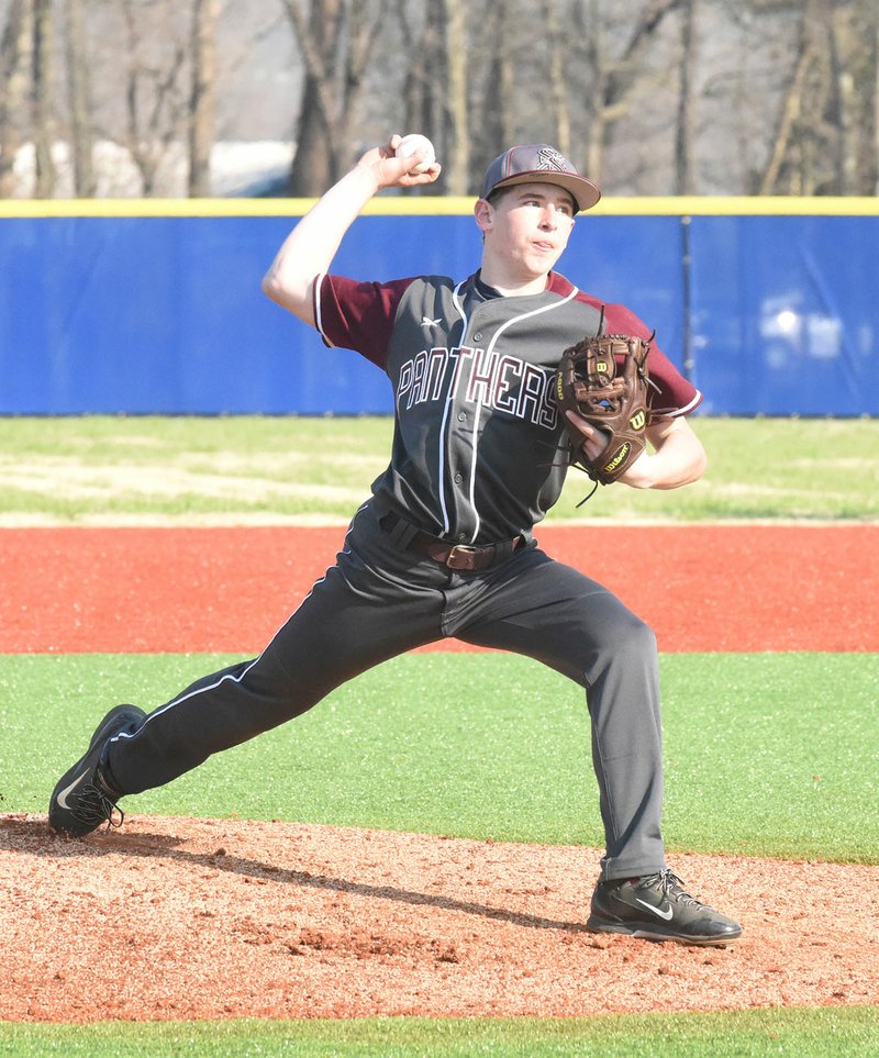 Neal Denton/Special to the Herald-Leader Siloam Springs sophomore L.T. Ellis throws a pitch against Mountain Home on Saturday. Ellis got the victory as the Panthers defeated the Bombers 14-7.