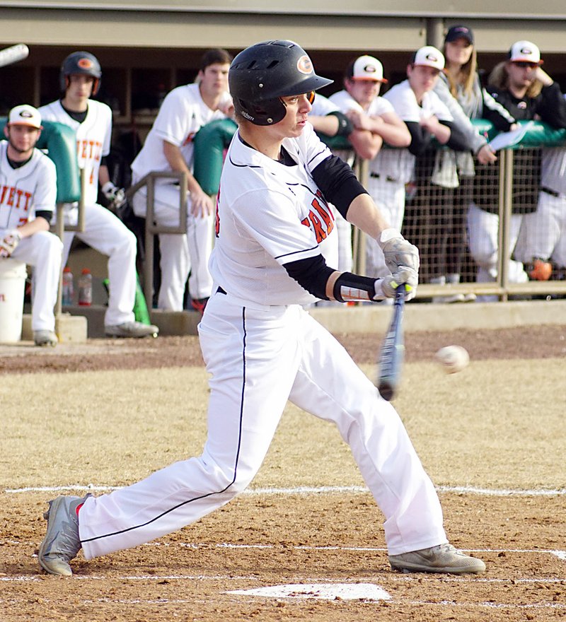 Photo by Randy Moll Gravette&#8217;s Hunter Cole takes a cut at a pitch during play against Gentry at Gravette High School on Thursday, March 16, 2017.