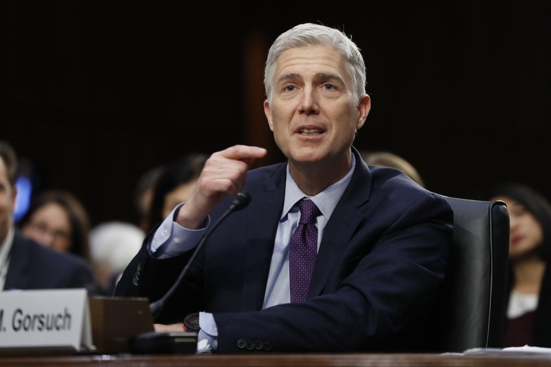 The Associated Press CONFIRMATION HEARING: Supreme Court Justice nominee Neil Gorsuch testifies Tuesday on Capitol Hill in Washington at his confirmation hearing before the Senate Judiciary Committee.