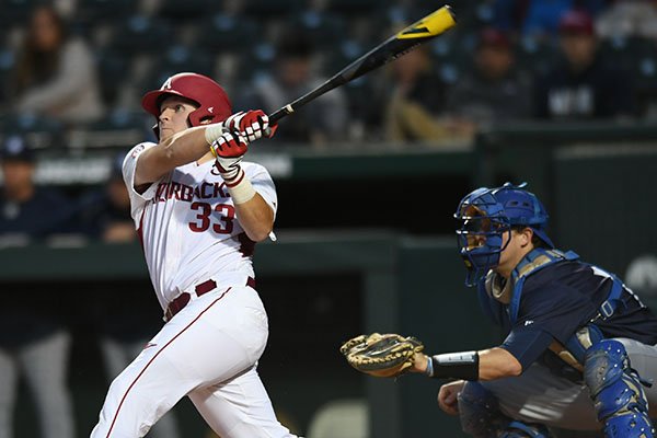 Arkansas catcher Grant Koch hits a two-run home run against New Orleans on Wednesday night at Baum Stadium to lead a 5-2 baseball victory. Arkansas catcher Grant Koch hits a two-run home run against New Orleans on Wednesday night at Baum Stadium to lead a 5-2 baseball victory.