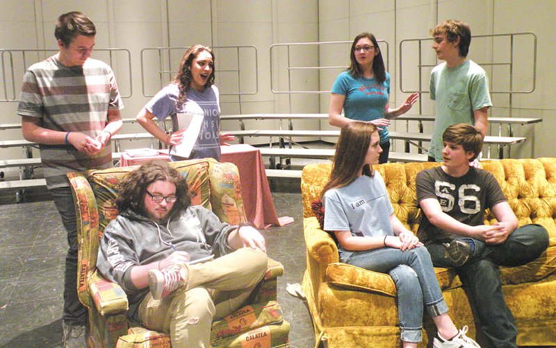 Searcy High School will present You Can’t Take It With You on March 30 and April 2. Rehearsing for the upcoming production are, seated, from left, Connor Fredieu, who appears as Martin “Grandpa” Vanderhof; Chloe Long, who portrays Miriam Kirby; and Holden Jones, who plays Anthony W. Kirby; and standing, Trey Brackenridge, who portrays Paul Sycamore; Miraya Gerardo, who plays Penelope “Penny” Sycamore; Victoria Cook, who appears as Alice Sycamore; and Garrett Adkins, who plays Tony Kirby.