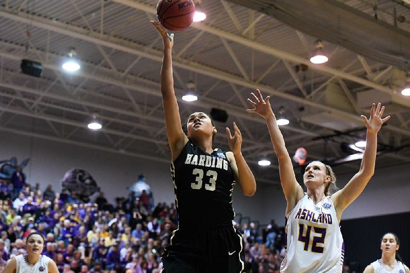 After scoring 22 points in Tuesday’s victory over Queens (N.Y), Harding forward Sydnie Jones (left) finished with only 10 points in the Lady Bisons’ 90-77 loss to Ashland (Ohio) in the semifi nals of the NCAA Division II Women’s Tournament on Wednesday in Columbus, Ohio.