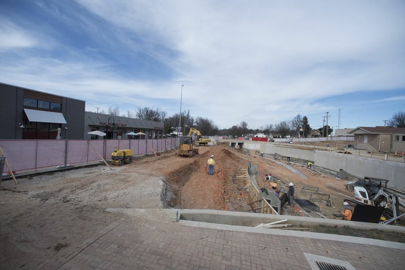 NWA Democrat-Gazette/J.T. WAMPLER Construction continues at Walter Turnbow Park at Shiloh Square in downtown Springdale Feb. 7.