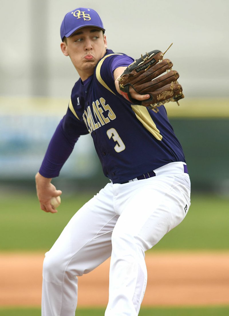 NWA Democrat-Gazette/ANDY SHUPE Ozark starter Dakota Cowens delivers to the plate Wednesday against Prairie Grove at Delford E. Rieff Park in Prairie Grove. Visit nwadg.com/photos for more photos from the game.