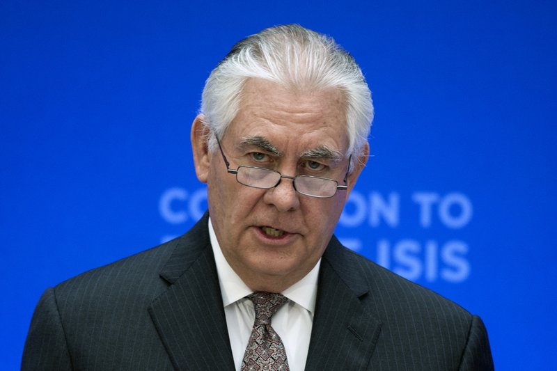 Secretary of State Rex Tillerson speaks at the Meeting of the Ministers of the Global Coalition on the Defeat of ISIS, Wednesday, March 22, 2017, at the State Department in Washington. Top officials from the 68-nation coalition fighting the Islamic State group are looking to increase pressure on the group as U.S.-backed forces move closer to retaking Mosul. (AP Photo/Cliff Owen)