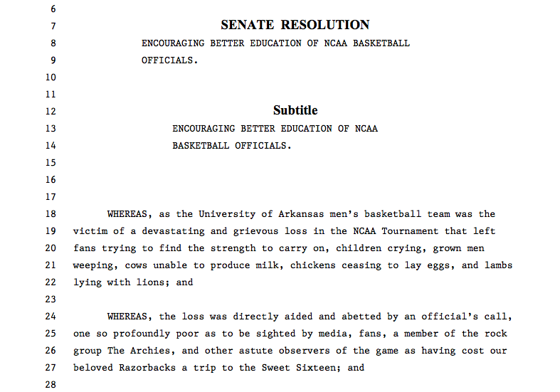 Senate Resolution 19 was filed by Arkansas Sen. Keith Ingram, D-West Memphis.