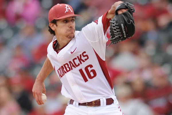 Arkansas starter Blain Knight delivers a pitch against Miami (Ohio) Friday, Feb. 17, 2017, during the first inning at Baum Stadium in Fayetteville.