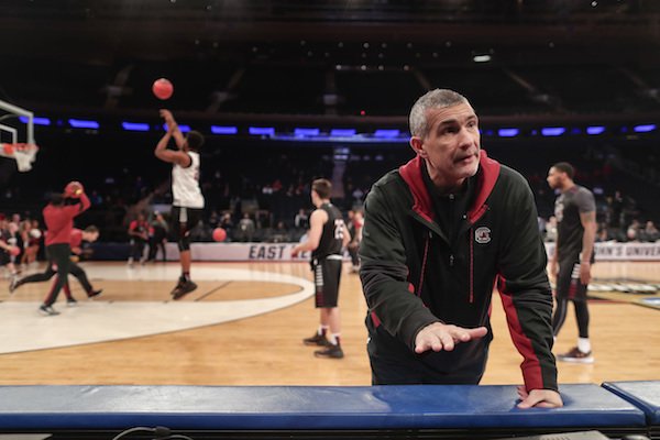 South Carolina head coach Frank Martin talks with members of the media on the sidelines during practice, Thursday, March 23, 2017, at Madison Square Garden in New York. South Carolina takes on Baylor in an east regional semifinal of the NCAA college basketball tournament on Friday. (AP Photo/Julie Jacobson)