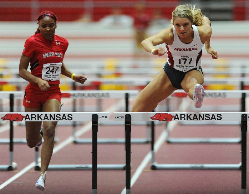 Arkansas junior Payton Stumbaugh (right), a four-time All-American last year in the pentathlon, heptathlon and hurdles, was sidelined during the indoor season by a stress fracture. But Razorbacks Coach Lance Harter said Stumbaugh will ease back into competition this weekend at the Spring Invitational in Fayetteville by running the 100-meter hurdles and possibly the 1,600 relay.