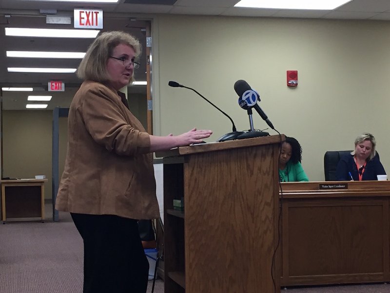 Holly Lodge Meyer, prosecuting attorney for the 16th Judicial District, speaks on behalf of Debra Reese's family  to the parole board during a victim input hearing Friday, March 24, 2017, in Little Rock.