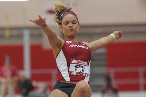 Ashlee Moore of Arkansas competes Friday, Jan. 27, 2017, in the long jump portion of the pentathlon during the in the Razorback Invitational in the Randal Tyson Track Center in Fayetteville.