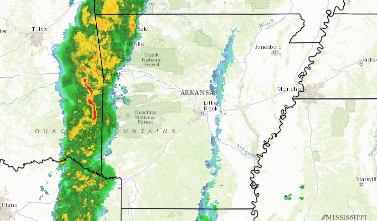 This screenshot from the National Weather Service radar shows storms just west of Arkansas. The system was forecast to move east through the state, bringing with it chances for severe storms.