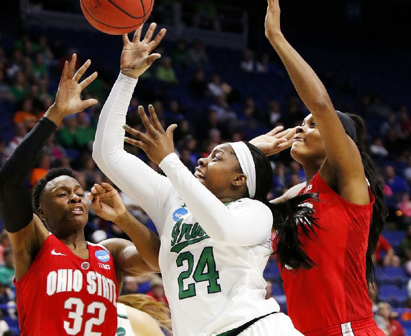 Notre Dame’s Arike Ogunbowale (24) scored a career-high 32 points to lead the Fighting Irish to a 99-76 victory over Ohio State on Friday in Lexington, Ky.