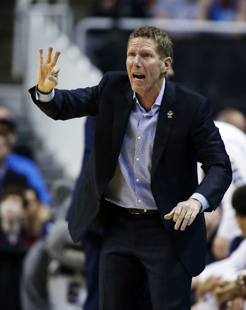Gonzaga head coach Mark Few signals from the bench during the second half of an NCAA Tournament college basketball regional final game against Xavier Saturday, March 25, 2017, in San Jose, Calif. 